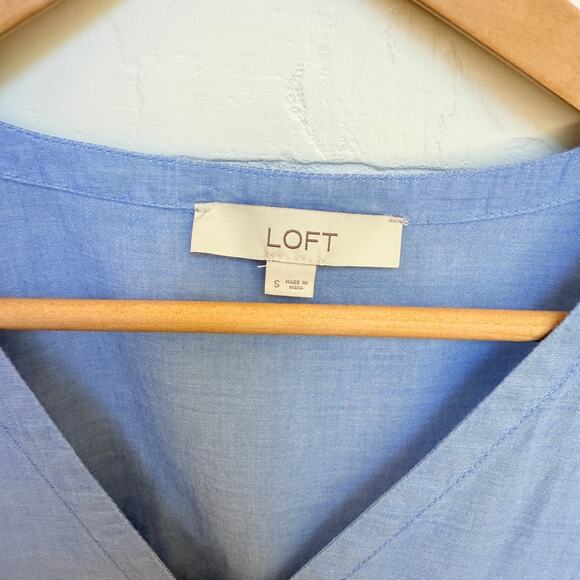 LOFT Women's Light Blue 100% Cotton Flutter Scalloped Sleeve Dress -sz S - Picture 3 of 5